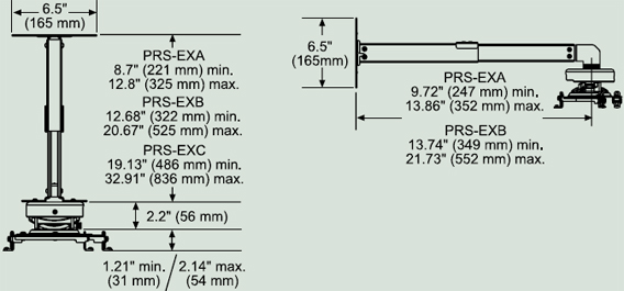 Dimensional Diagram for Peerless PRS-EXA Projector Ceiling or Wall Mount