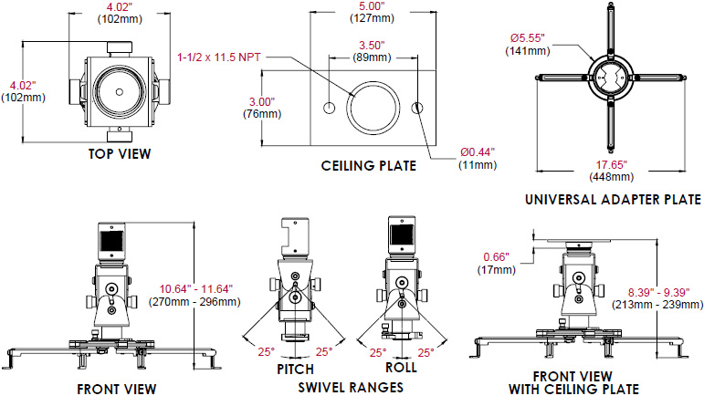 Technical Drawing for Peerless PAG-UNV-HD Arakno Heavy Duty Geared Projector Mount