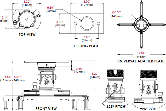 Technical Drawing for Peerless Arakno Geared Micro Projector Mount