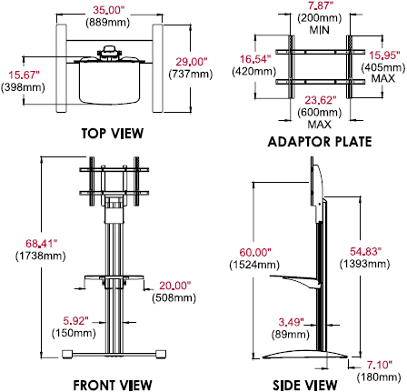 Technical Drawing for Peerless SS560G SmartMount Flat Panel Floor Stand with Glass Shelf