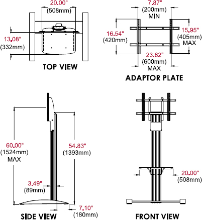 Technical Drawing for Peerless SS560M SmartMount Floor TV Stand with Metal Shelf