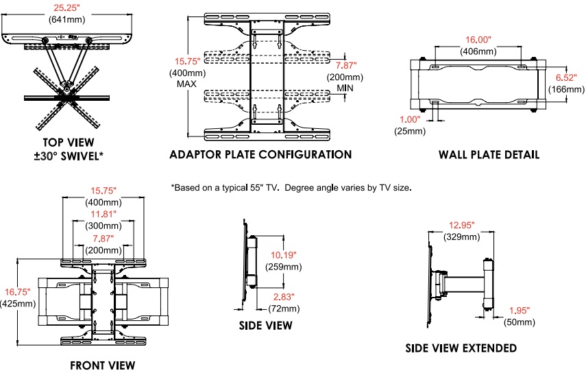 Technical drawing for Peerless HPF675 Large Pull-Out Pivot Wall Mount