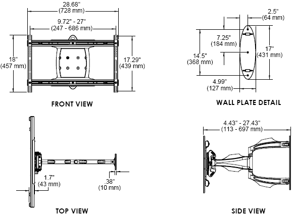 Technical Drawing for Peerless SA752P or SA752P-S Articulating Wall Mount Arm