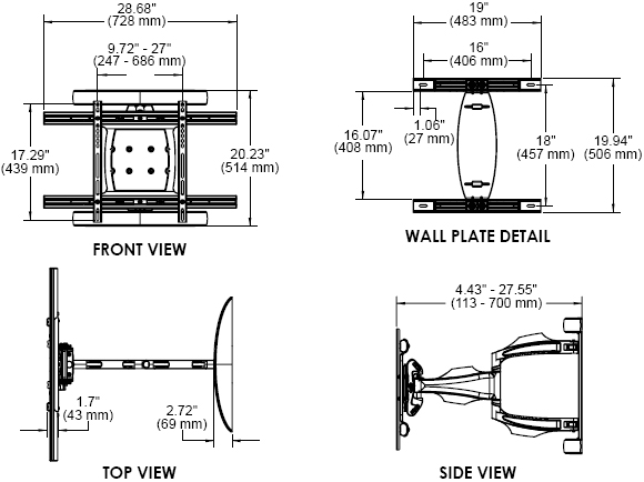 Technical Drawing for Peerless SA761PU or SA761PU-S Universal Articulating Wall Mount Arm