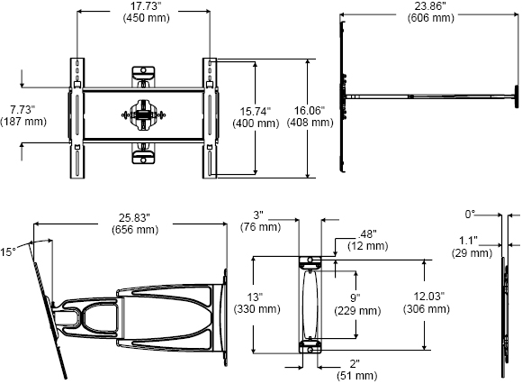 Technical Drawing for Peerless SUA645PU Slinline Articulating Wall Mount Arm
