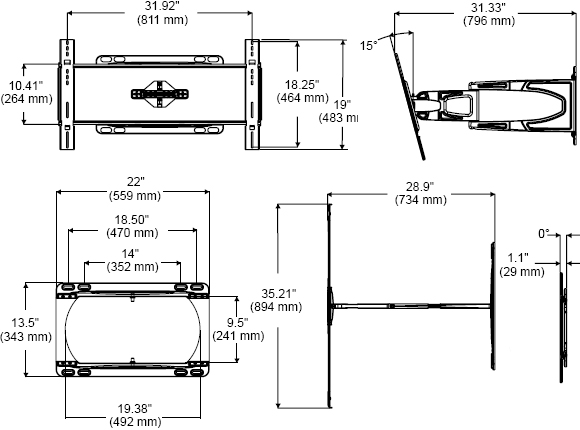 Technical Drawing for Peerless SUA650PU Slinline Articulating Wall Mount Arm