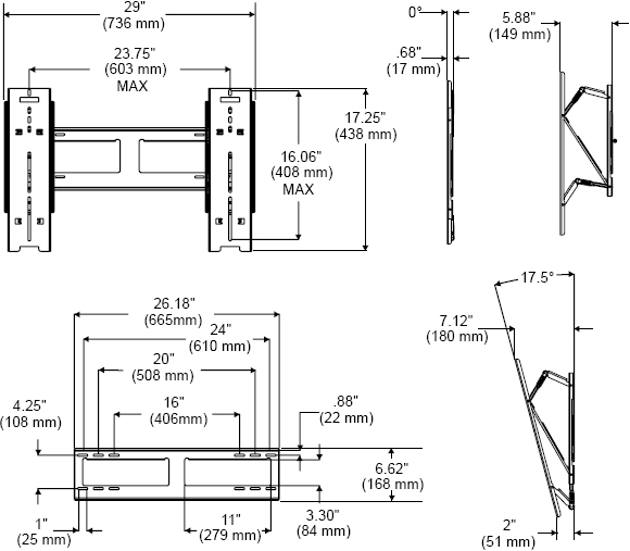Technical Drawings for Peerless SUT645P Universal Ultra-thin Wall Mount