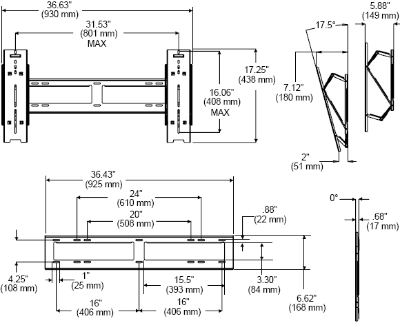 Technical Drawings for Peerless SUT660P Universal Ultra-thin Tilt Wall Mount