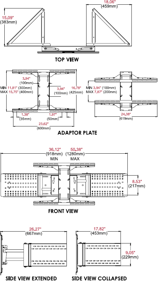 Technical drawing for Peerless CM850 Corner Mount for 32" to 60" Displays
