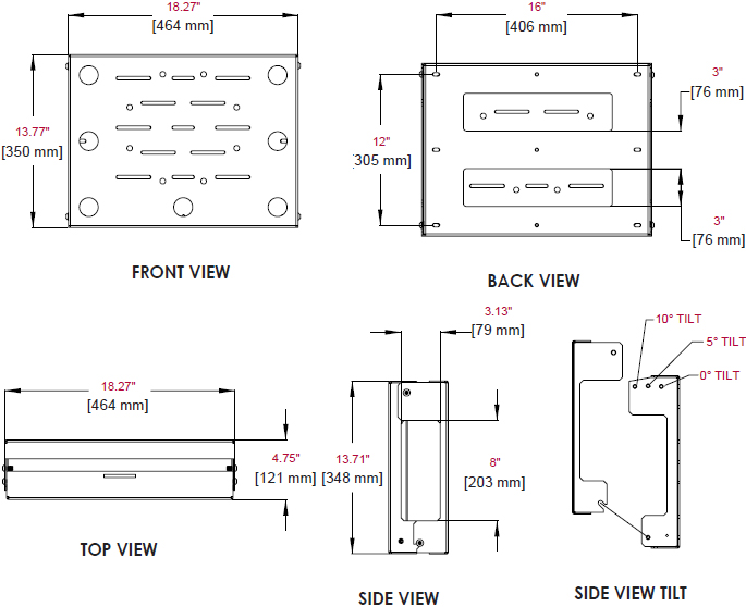 Technical drawing for Peerless DS508 Tilt Wall Mount with Media Device Storage