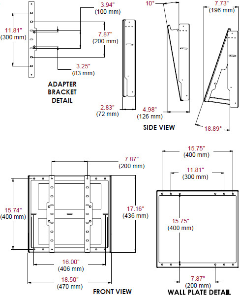 Technical drawing for Peerless DST660 Tilt Wall Mount with Media Device Storage