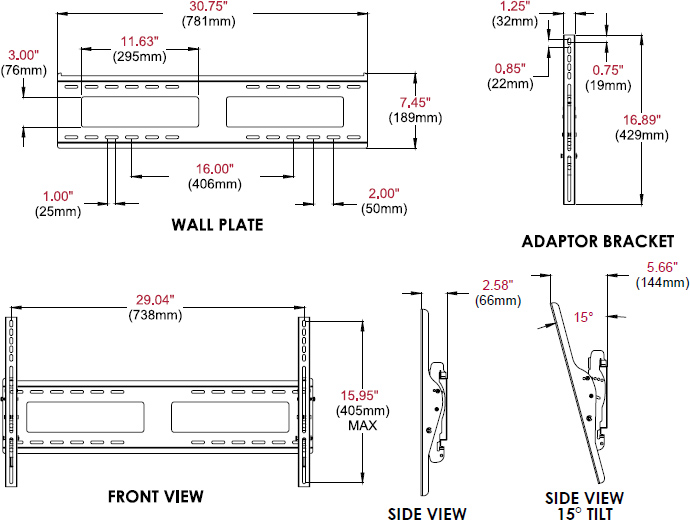 Technical drawing for Peerless EPT650 or EPT650-S Outdoor Universal Tilt Wall Mount