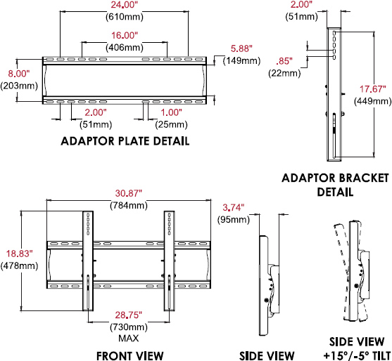 Technical drawing for Peerless EWMU or EWMU-S Wind Rated Universal Tilt Wall Mount