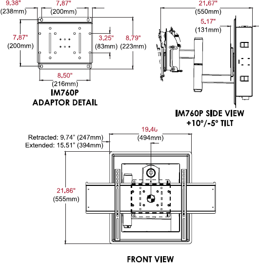 Technical drawing for Peerless IM760P or IM760P-S In-Wall Mount for 32"-71" Displays