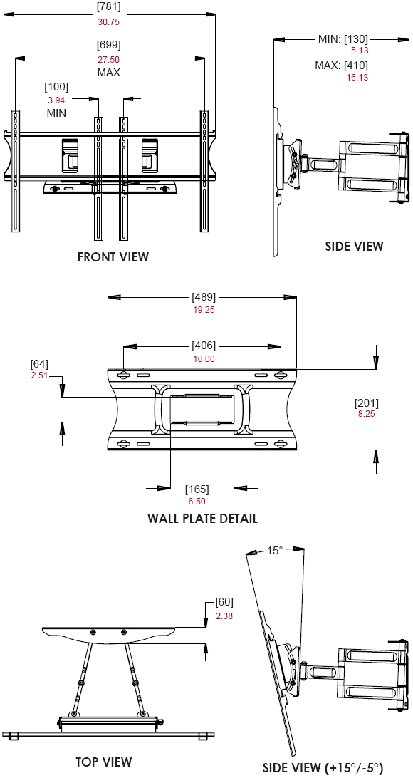 Dimensional diagram for Peerless PA-760 Paramount Articulating Wall Mount Arm for LCD Plasma Screens