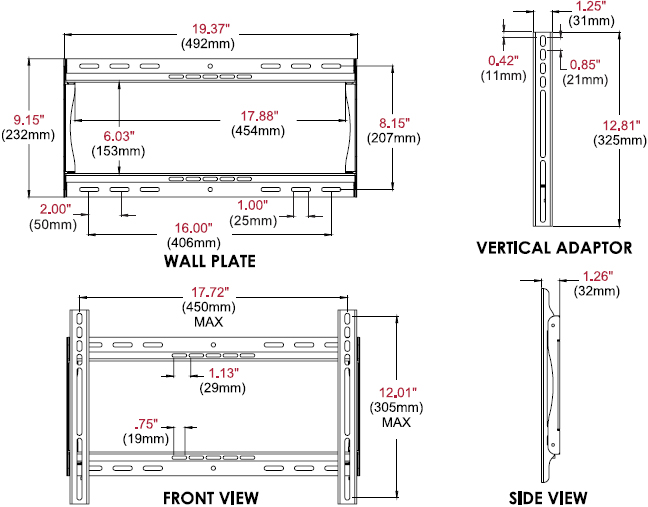 Technical drawing for Peerless PF640 Paramount Universal Flat Wall Mount