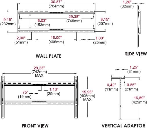 Technical drawing for Peerless PF650 Paramount Universal Flat Wall Mount