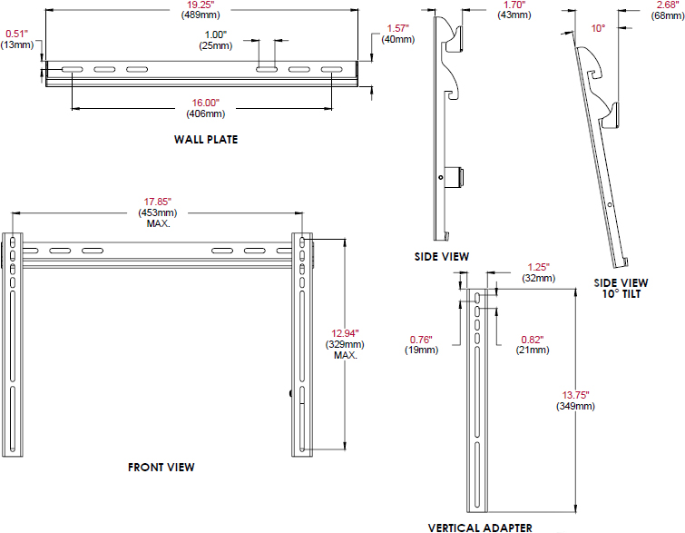 Technical drawing for Peerless PFT640 Universal Fixed Tilt Wall Mount for 23"-46" Displays