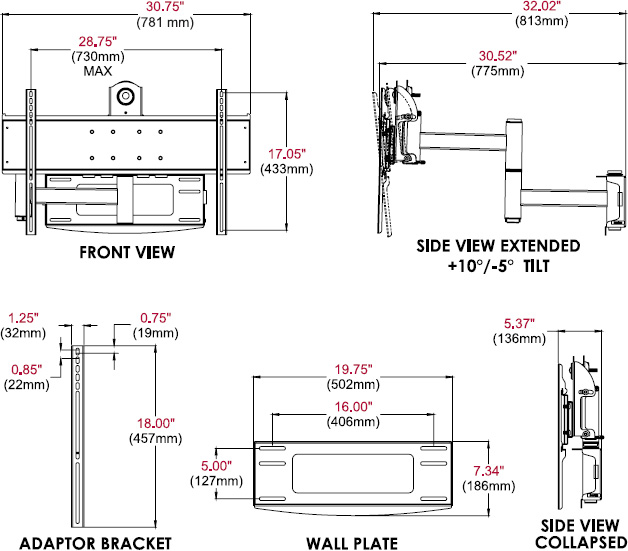 Technical drawing for
Peerless PLA50-UNLP-GB Universal Articulating Wall Arm for 37-80