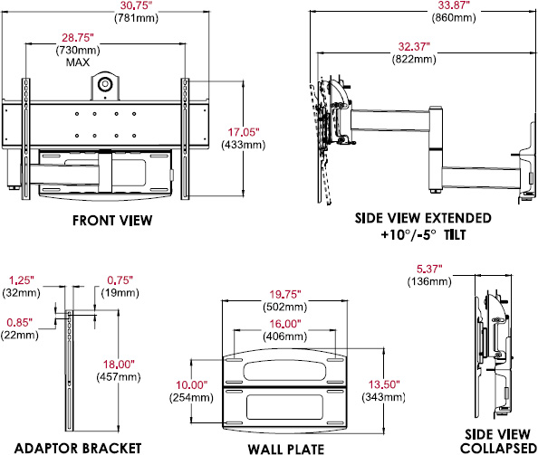 Technical drawing for
Peerless PLA60-UNL Universal Articulating Wall Arm, 37-95