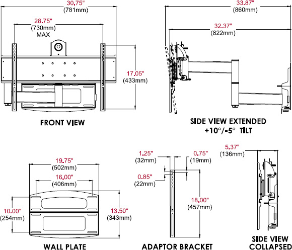 Technical drawing for
Peerless PLAV60-UNLP-GB Universal Articulating Wall Arm, 37
