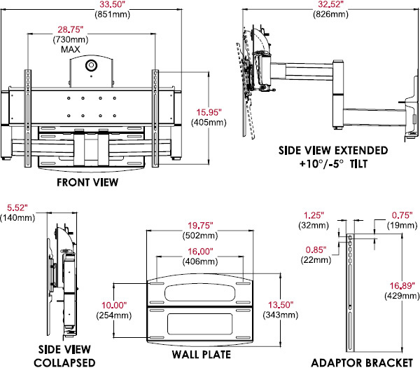 Technical drawing for
Peerless PLAV70-UNL Universal Articulating Dual Wall Arm, 42