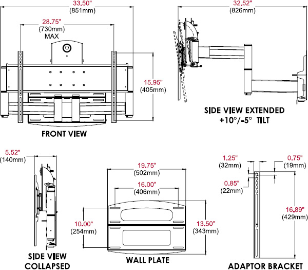 Technical drawing for
Peerless PLAV70 Dedicated Articulating Dual Wall Arm, 42