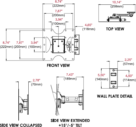 Technical drawing for Peerless PP740 Paramount Pivot Wall Mount for 22