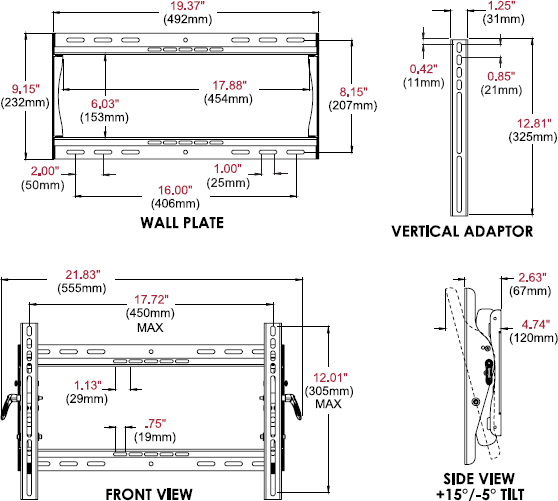 Technical drawing for Peerless PT640 Paramount Universal Tilt Wall Mount