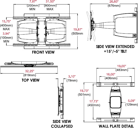 Technical drawing for 
Peerless SA771PU SmartMount Articulating Wall Arm, 46-90