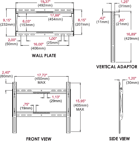Technical drawing for peerless SF640 SmartMount Universal Flat Wall Mount