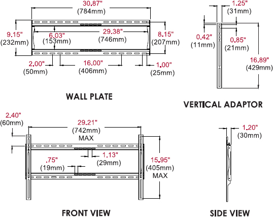 Technical drawing for Peerless SF650 or SF650P SmartMount Universal Flat Wall Mount