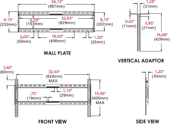 Technical drawing for Peerless SF660 or SF660P SmartMount Universal Flat Wall Mount