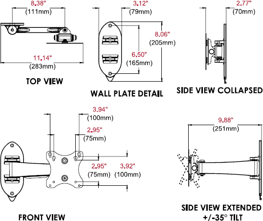 Technical drawing for Peerless SP730P SmartMount Pivoting Wall Mount for 10-29" Display