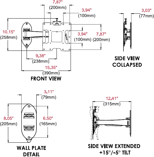 Technical drawing for Peerless SP740P SmartMount Pivoting Wall Mount for 22