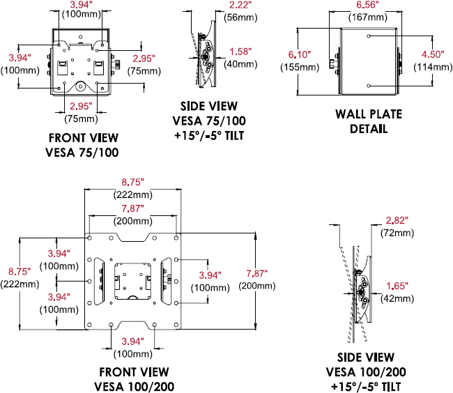 Technical drawing for Peerless ST632 or ST632P SmartMount Tilt Wall Mount