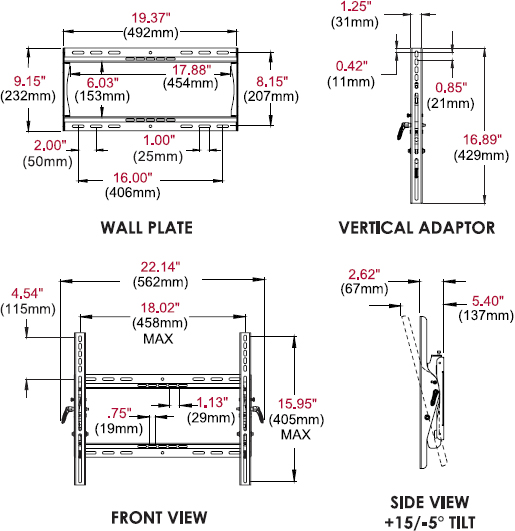 Technical drawing for Peerless ST640 or ST640P SmartMount Universal Tilt Wall Mount
