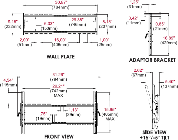Technical drawing for Peerless ST650 or ST650P SmartMount Universal Tilt Wall Mount