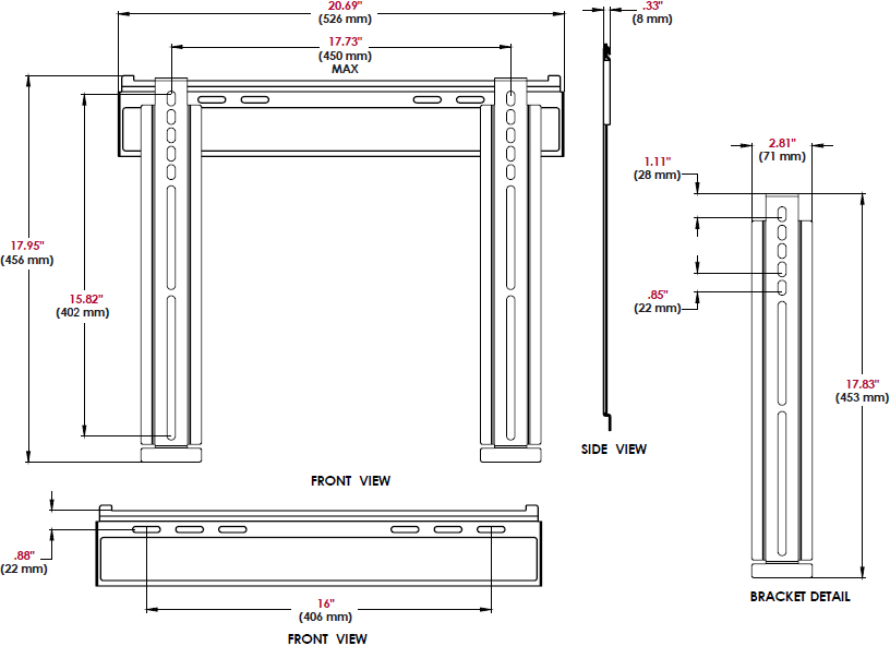 Technical drawing for Peerless SUF640P Universal Ultra Slim Flat Wall Mount