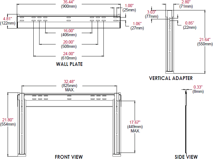 Technical drawing for Peerless SUF660P Universal Ultra Slim Flat Wall Mount