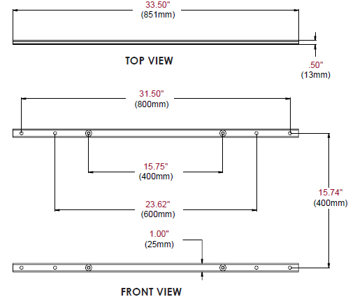 Technical drawing for 
Peerless ACC-V800X Accessory Adapter Rails for 600x400, 800x400mm