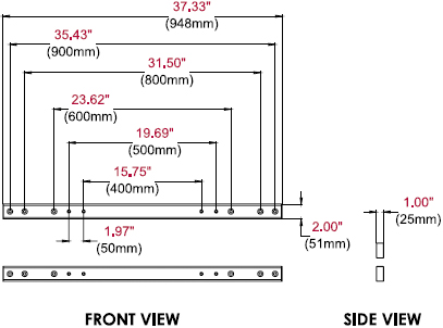 Technical drawing for Peerless ACC-V900X Accessory Adapter Rails for VESA 600, 800 and 900mm