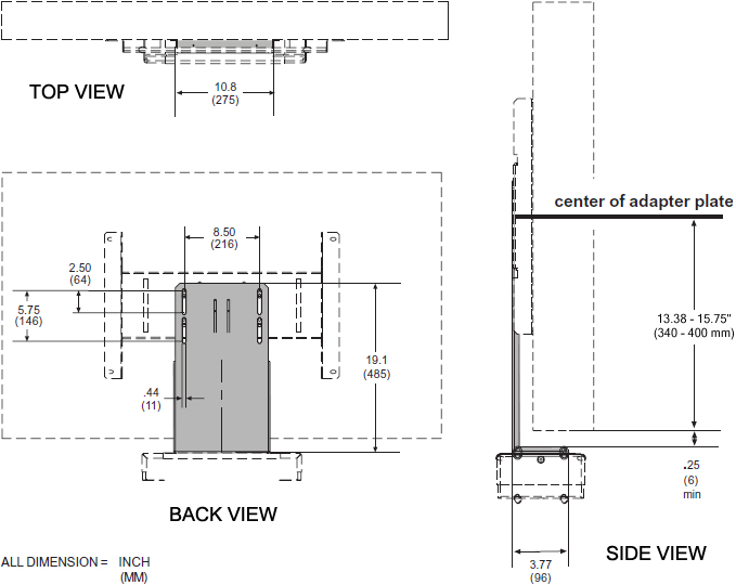 Technical drawing for
Peerless ACC931 DVD or VCR Audio Video Mount Connector