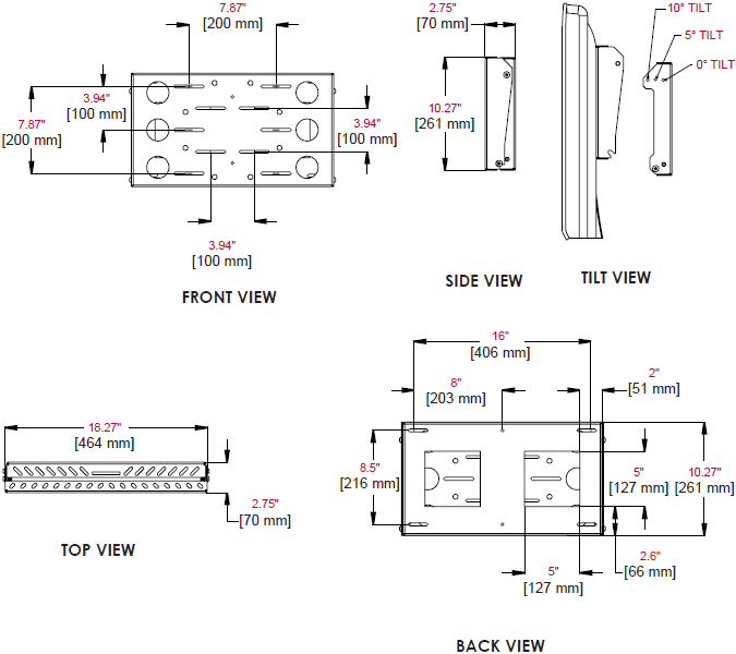 Technical drawing for Peerless DS509 Slim Tilt Mount with PC Holder for 25