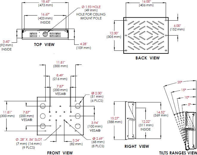 Technical drawing for 
Peerless DST360 Single Box Solution to Digital Signage & Public Space