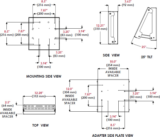 Technical drawing for Peerless DSX750 Media Player Holder Accessory for 32