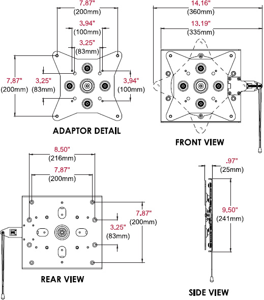 Technical Drawing for Peerless RMI2C Rotational Mount Interface for Carts and Sands
