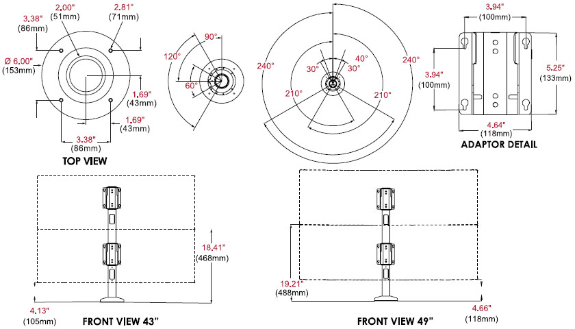 Technical Drawing for Peerless B-MIS38426 1x2 Bolt Down Desktop Mount for 43