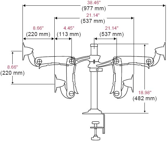 Technical Drawing for Peerless LCT-A1B4 Articulating Dual Desktop Arm Two Link Pole Mount