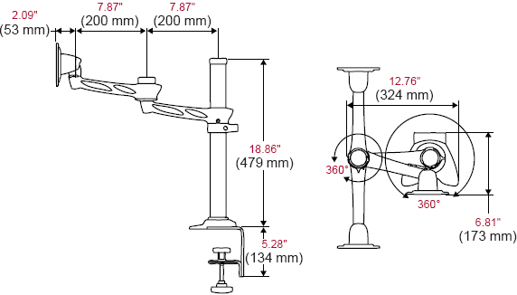 Technical Drawing for Peerless LCT-A1B6C or LCT-A1B6H Desktop Two Link Articulating Arm Pole Mount